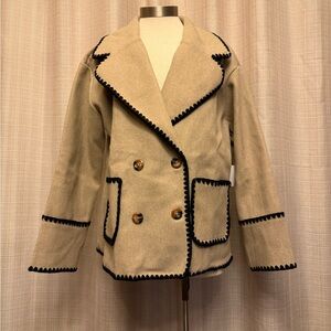 Elegant Tan Pea Coat with Black Detailing